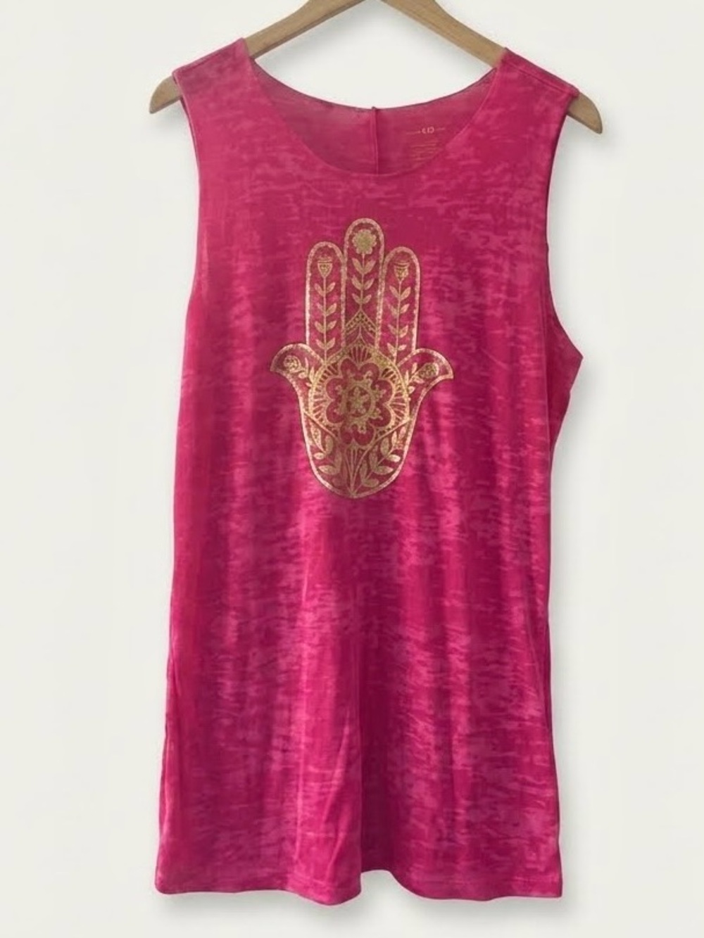 Natural Life Burnout Tunic Top Reworked Hot Pink Sleeveless Gold Hamsa OS OSFM